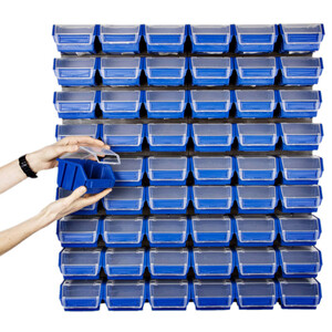 Schttregal mit 54 blauen Stapelkisten mit Deckel 0,6 Liter