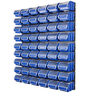 Schttregal mit 54 blauen Stapelkisten mit Deckel 0,6 Liter