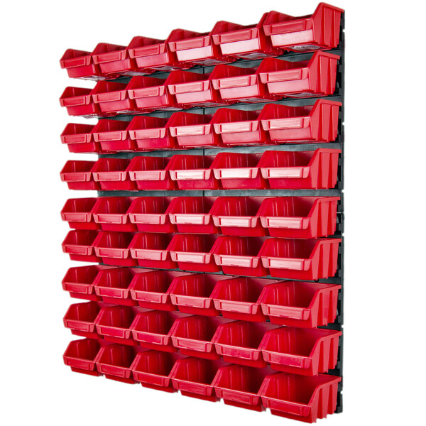 Schraubenregal mit 54 Stapelboxen 0,6 Liter rote Boxen an 4 Schlitzwnde