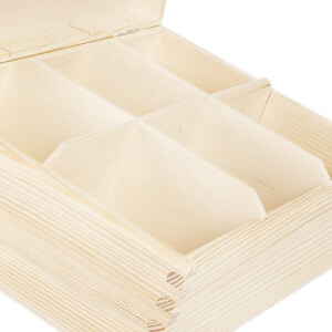 Unbehandelte Teekiste aus Holz, 6 Unterteilungen, 22,5 × 16,5 × 8 cm