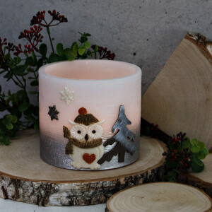 Wachslampion, Weihnachtskerze mit Eule im Schal, Windlicht