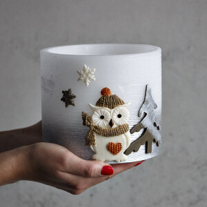 Wachslampion, Weihnachtskerze mit Eule im Schal, Windlicht