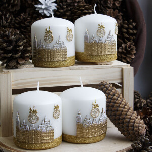 Stadtmotiv, Stumpenkerze 9 cm hoch, Weihnachtskerze in Weiß