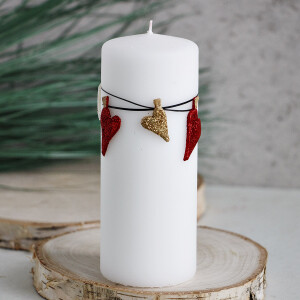 Weiße Stumpenkerze mit Glitter Herzen aus Wachs, Hochzeitskerze