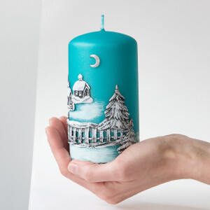 Adventskerze, Stumpenkerze zu Weihnachten in Türkis