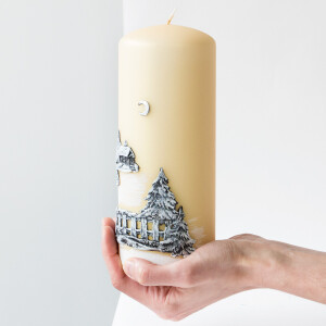 Große Adventskerze aus Wachs mit Weihnachtsmotiv aus Wachs