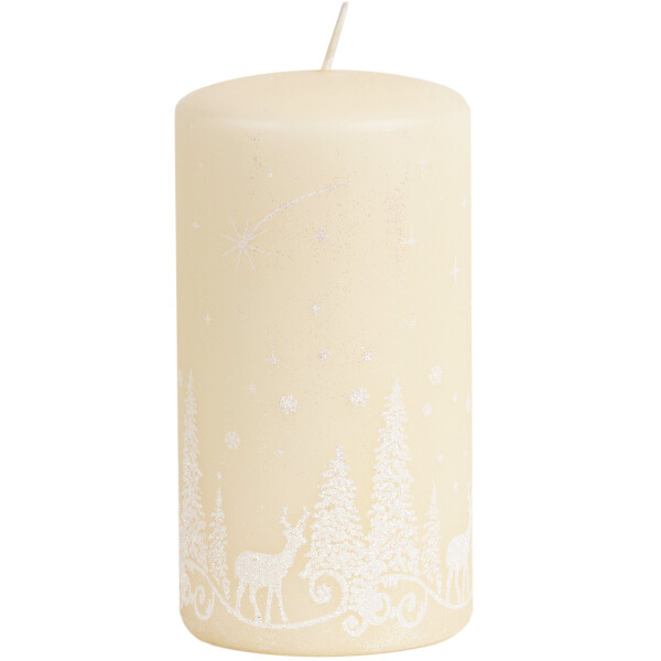 Stumpenkerze mit weißem Wintermotiv, Kranz- und Adventskerze