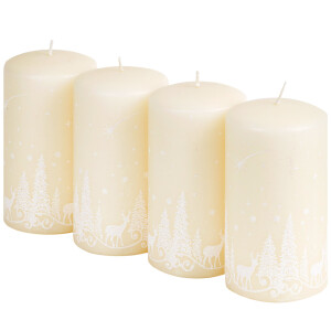 Stumpenkerze mit weißem Wintermotiv, Kranz- und Adventskerze