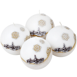 Handgefertigte Kugelkerze, Winterstadt mit Schneeflocken