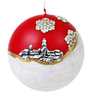 Große zweifarbige Kugelkerze mit Weihnachtsmotiv im...