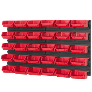 Schraubenregal mit 30 rote Stapelboxen