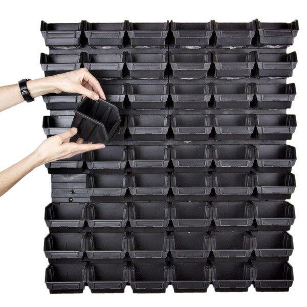 großes Schraubenregal mit 54 offenen, schwarzen Lagerboxen 0,6 Liter