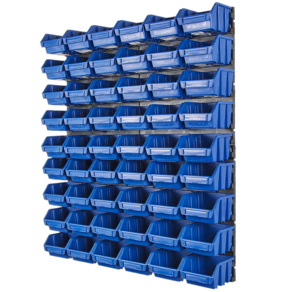 Sichtlagerkisten Wandregegal mit 54 blauen Werkstattkisten 0,6 Liter