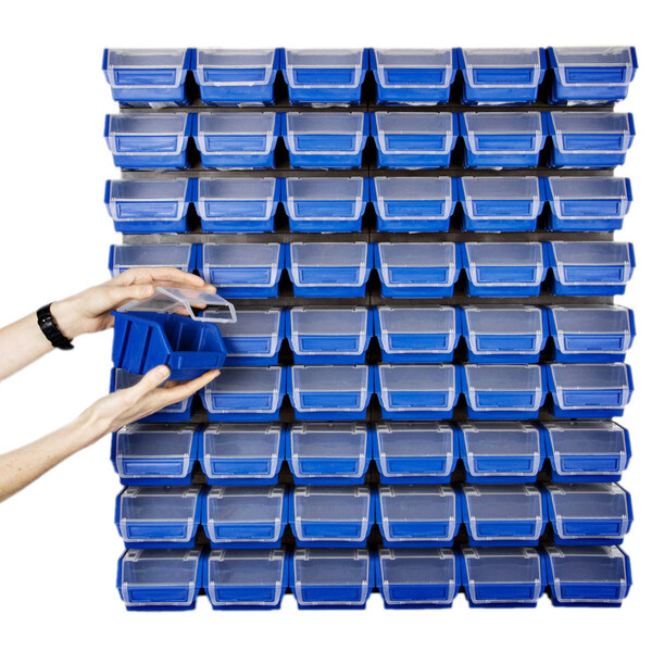 Schüttregal mit 54 blauen Stapelkisten mit Deckel 0,6 Liter