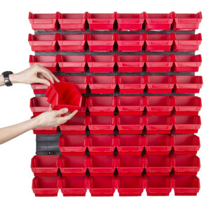 Schraubenregal mit 54 Stapelboxen 0,6 Liter rote Boxen an...