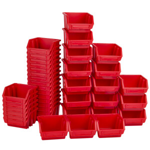 Schraubenregal mit 54 Stapelboxen 0,6 Liter rote Boxen an 4 Schlitzwände
