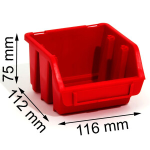 Schraubenregal mit 54 Stapelboxen 0,6 Liter rote Boxen an 4 Schlitzwände