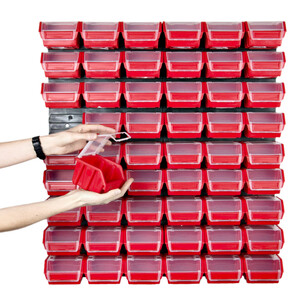 Regal mit 54 roten Kisten und Deckel 0,6 Liter