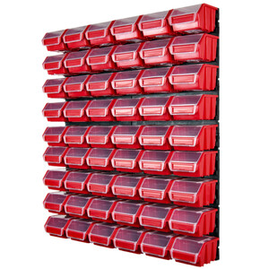 Regal mit 54 roten Kisten und Deckel 0,6 Liter