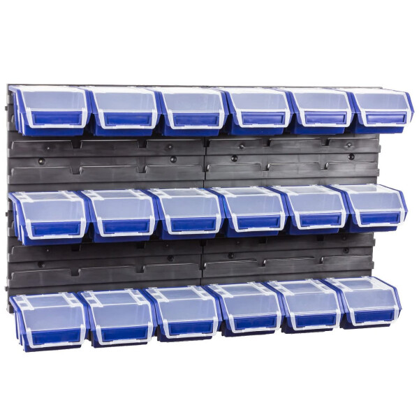Lagerregal mit 18 blauen 0,6 Liter Ergoboxen und Deckel