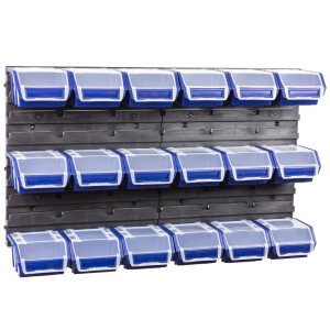 Lagerregal mit 18 blauen 0,6 Liter Ergoboxen und Deckel