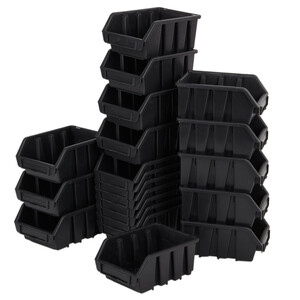 Regal 4 Wandplatten und 36 schwarze 1,0 Liter Deckel Sichtlagerkästen