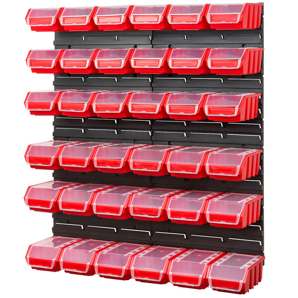 Schrauben-Regal aus 36 rote 1,0 Liter Boxen mit Deckel