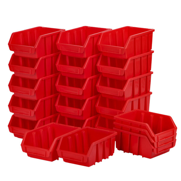 Schrauben-Regal aus 36 rote 1,0 Liter Boxen mit Deckel