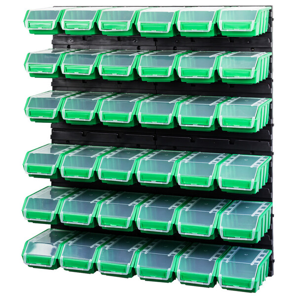 universelles Regal aus 36 grünen 1,0 Liter Sichtlagerkisten mit Deckel