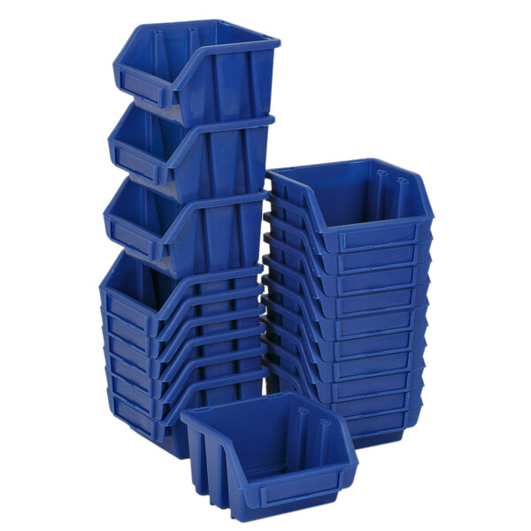 Lagerregal mit 18 blauen 0,6 Liter Ergoboxen und Deckel