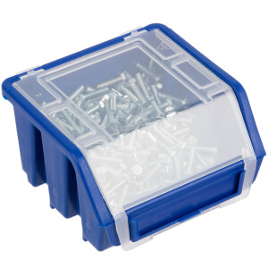 Lagerregal mit 18 blauen 0,6 Liter Ergoboxen und Deckel