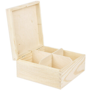 Holzkiste mit Deckel und 4 Unterteilungen 16,5 x 16,5 x 8 cm