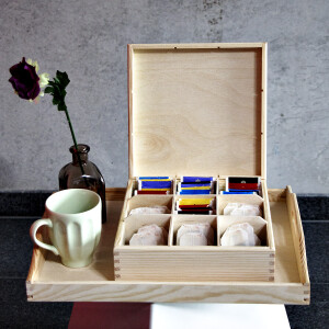 Teekiste aus Holz mit 9 Unterteilungen 22,5 x 22,5 x 8 cm