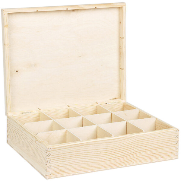 Teekiste aus Holz, unbehandelt, 12 Fächer, 28,5 × 23 × 8 cm