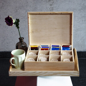 Teekiste aus Holz, unbehandelt, 12 Fächer, 28,5 × 23 × 8 cm