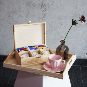 Unbehandelte Holz-Teekiste mit Schloss, 6 Fächer, 22,5 × 16,5 × 8 cm