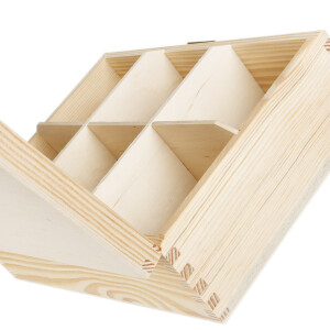 Unbehandelte Holz-Teekiste mit Schloss, 6 Fächer, 22,5 × 16,5 × 8 cm