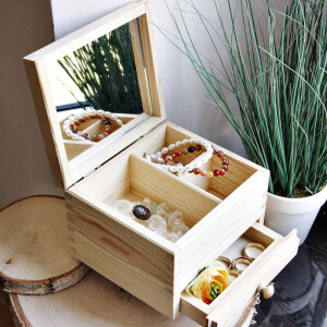 Schmuckkasten, Holz, mit Schublade und Spiegel, 18 × 15 × 11 cm