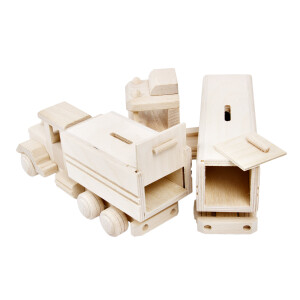 Holz-Sparschwein, Holzauto als Sparbüchse, 24 × 8 × 10 cm