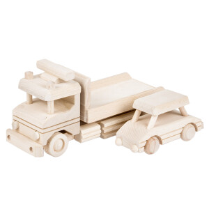 Zwei Holzautos, Abschleppwagen und Pkw aus Holz,...