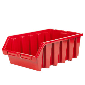 großer, roter Sichtlagerkasten mit zwei Etiketten...