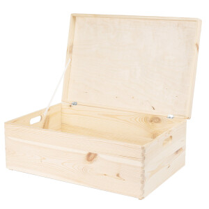 Große Holzkiste mit Deckel, 46 Liter, Tragegriffe, 60 × 40 × 23 cm
