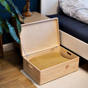 Große Holzkiste mit Deckel, 46 Liter, Tragegriffe, 60 × 40 × 23 cm