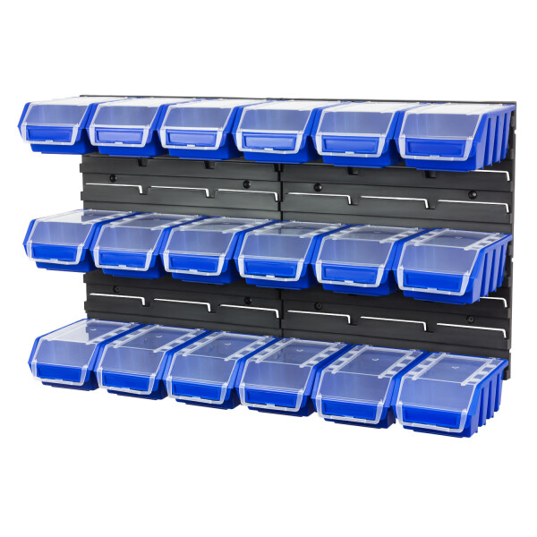 Schraubenregal mit 18 blauen Sichtlagerkästen, 1,0-Liter-Stapelboxen mit Deckel