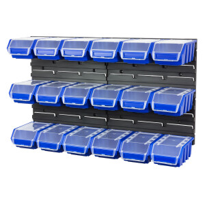 Schraubenregal mit 18 blauen Sichtlagerkästen 1,0...