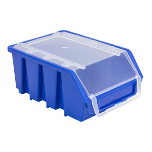 Schraubenregal mit 18 blauen Sichtlagerkästen 1,0 Liter und Deckel