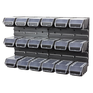 Werkstatt Wandregal aus 18 schwarzen Stapelboxen 1,0...