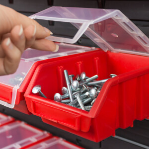 Werkstatt Wandregal aus 18 schwarzen Stapelboxen 1,0 Liter mit Deckel