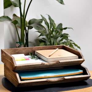 Büroablage DIN A4, Vollholz in Eiche Dunkel, 34 × 27 × 7 cm